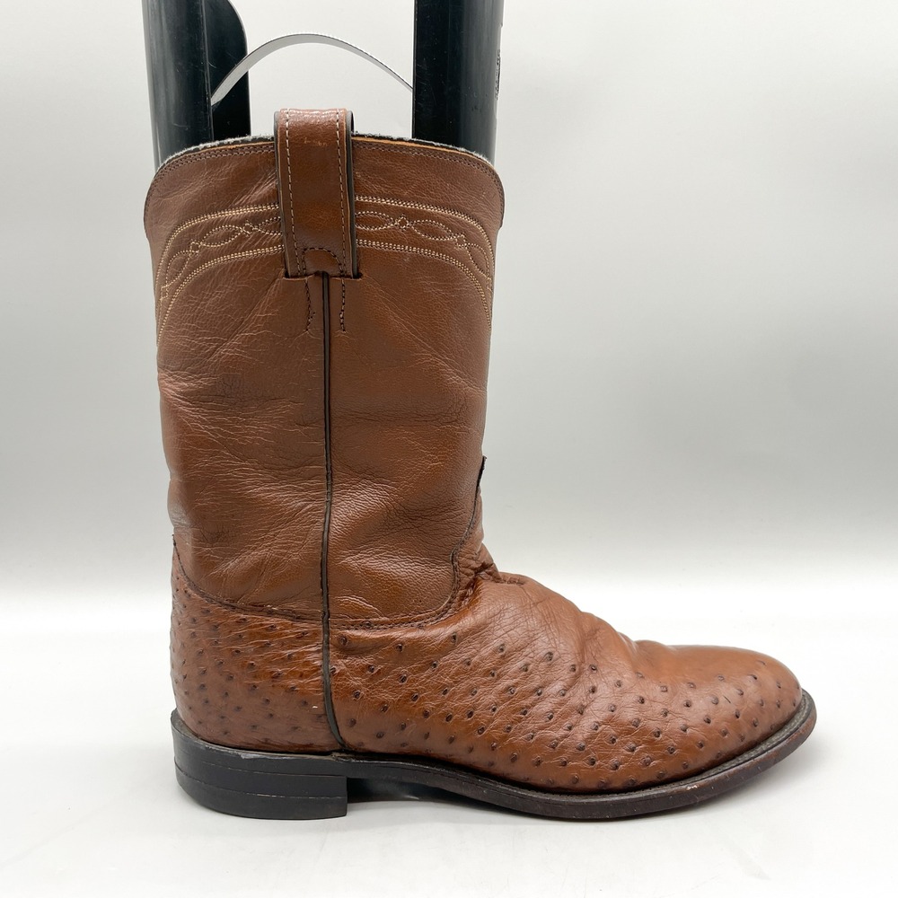 Justin Mens 10.5D Western Cowboy Boot Brown Quill Ostrich Leather Rugged VTG USA